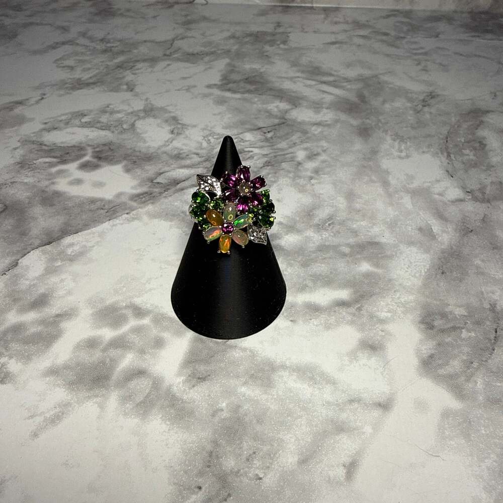 4.51ctw Ethiopian Opal & Multi Gemstone 925 Sterling Silver Flower Ring Size 10
